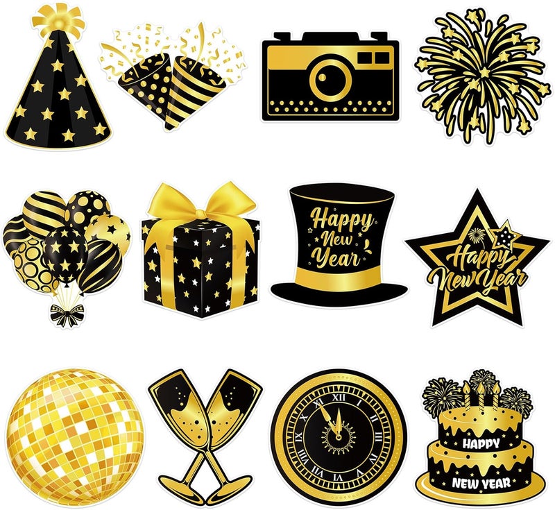 Machomby 48Pcs New Year Paper Cutouts, Black Gold New Years Eve Cut Outs Bulletin Board Decor for Home Office Classroom Chalkboard Window Wall Door New Years Eve Party Decorations 2026 - Image 1